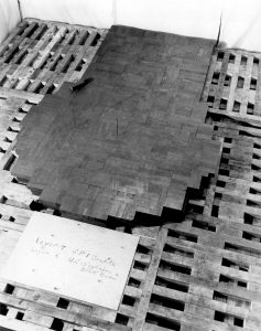 CP-1 during assembly, 1942. Photograph shows the 7th layer of graphite blocks and edges of the 6th layer.